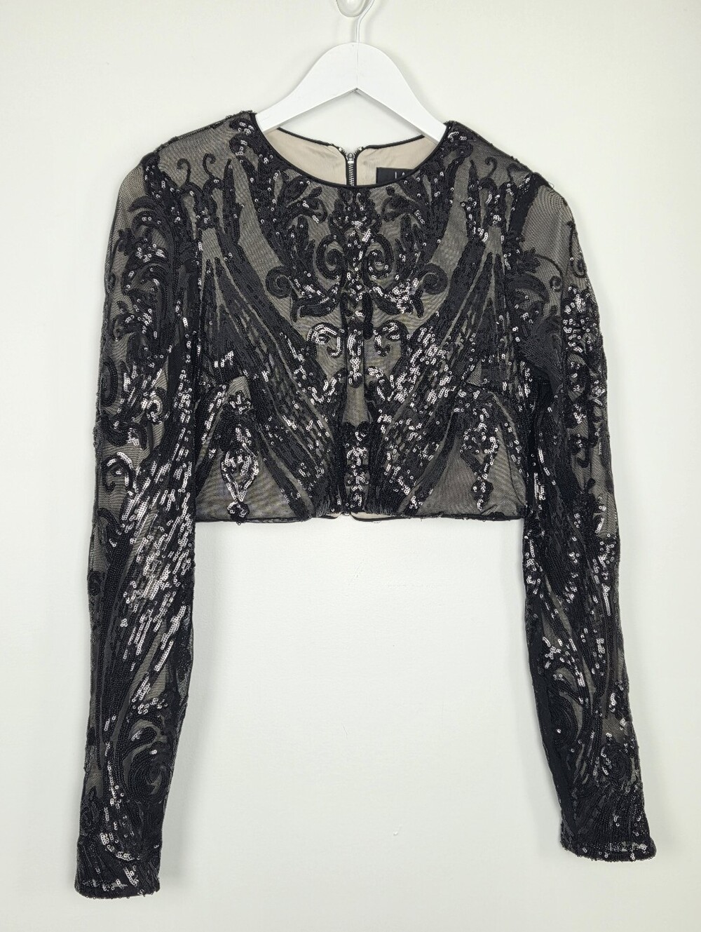 Lulus Luxe Black Nude Sequin Cropped Top Medium NWT Formal Cocktail Zip Back